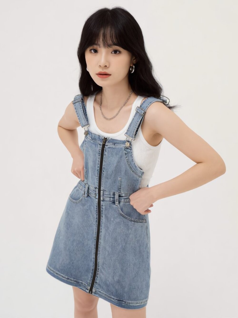 American Eagle Denim Overall Dress Sz 2 Zip Front Bodycon Light Wash